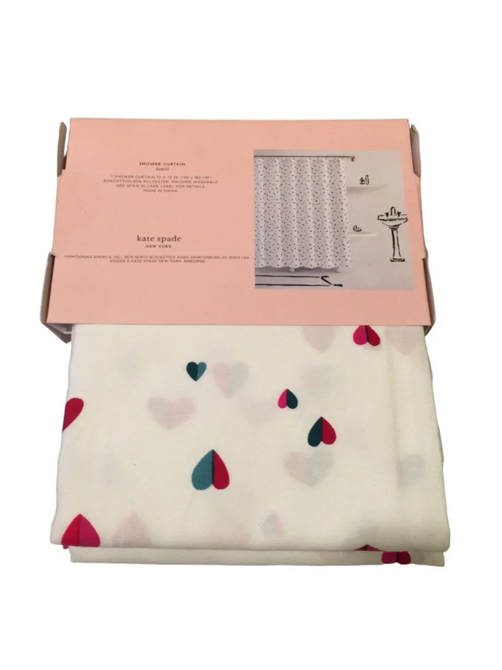 KATE SPADE HEARTS Fabric Shower Curtain White Pink Red Blue